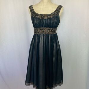 Adrianna Papell Embroidered Beaded Dark Blue Silk Dress Lined Women’s 4 Gold Sil